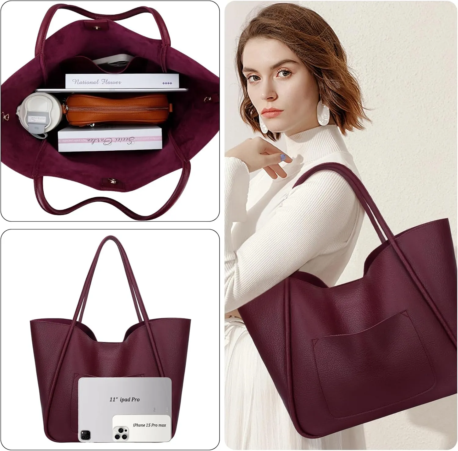 KKXIU Tote Bag for Women Vegan Leather Shoulder Purse Large Capacity Travel Bag
