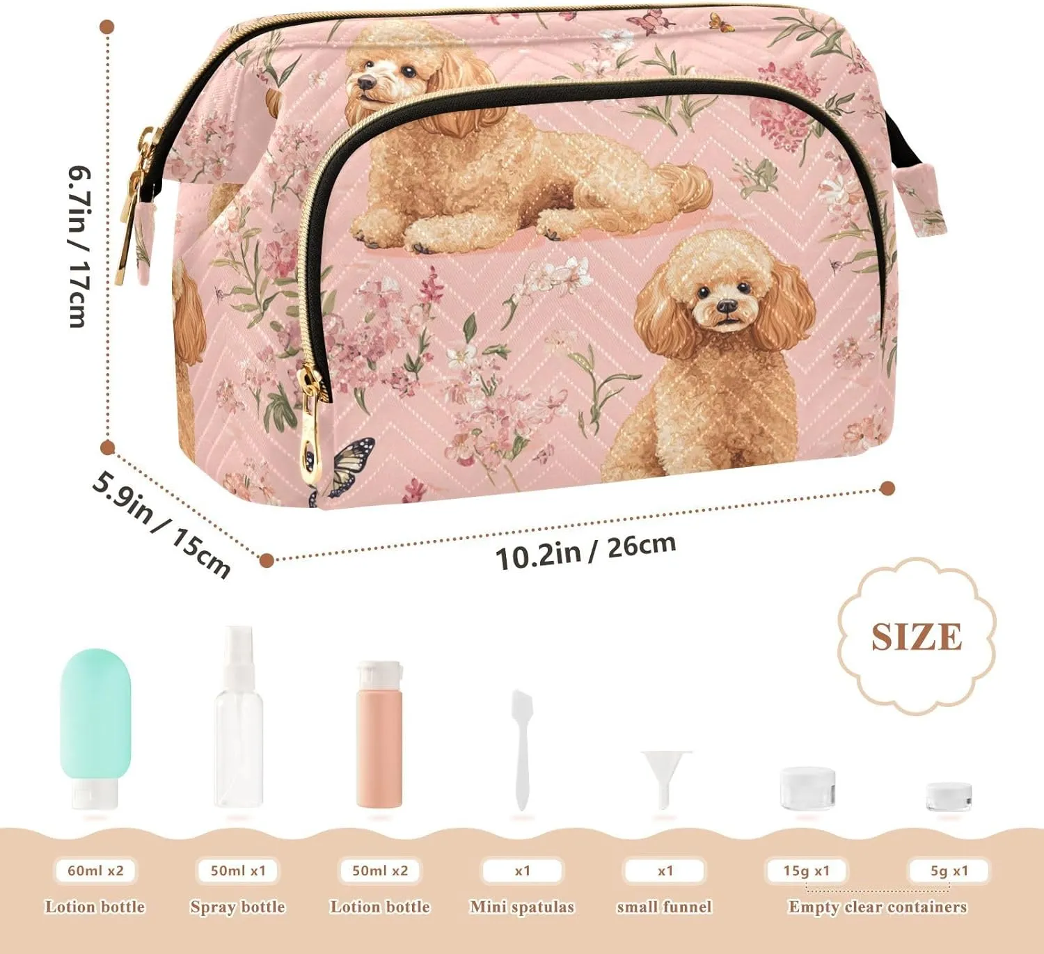 KLL Sweet Poodle Dogs Pink Travel Bag Lightweight Case Cosmetic Makeup Bag Cosmetic Bags For Purse for Makeup Cosmetic