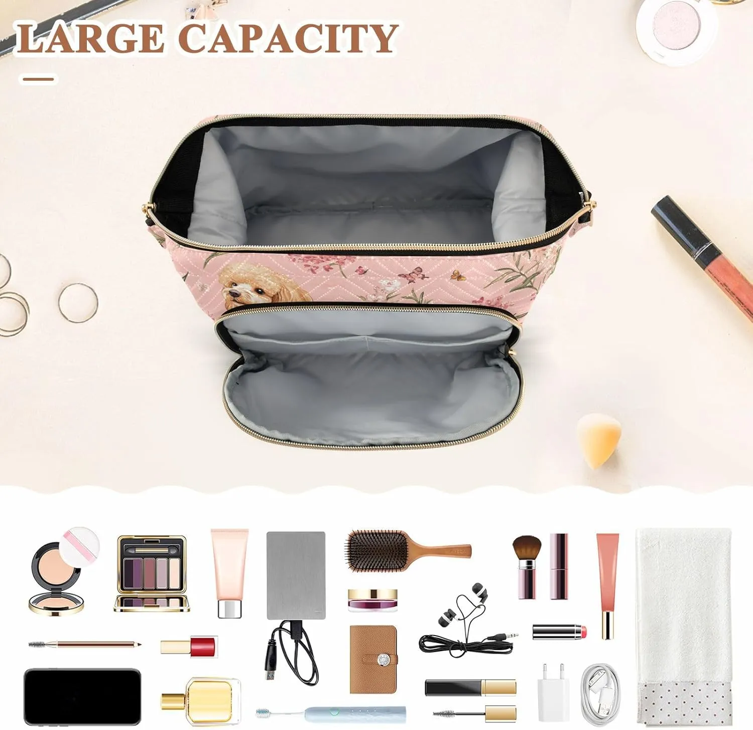 KLL Sweet Poodle Dogs Pink Travel Bag Lightweight Case Cosmetic Makeup Bag Cosmetic Bags For Purse for Makeup Cosmetic
