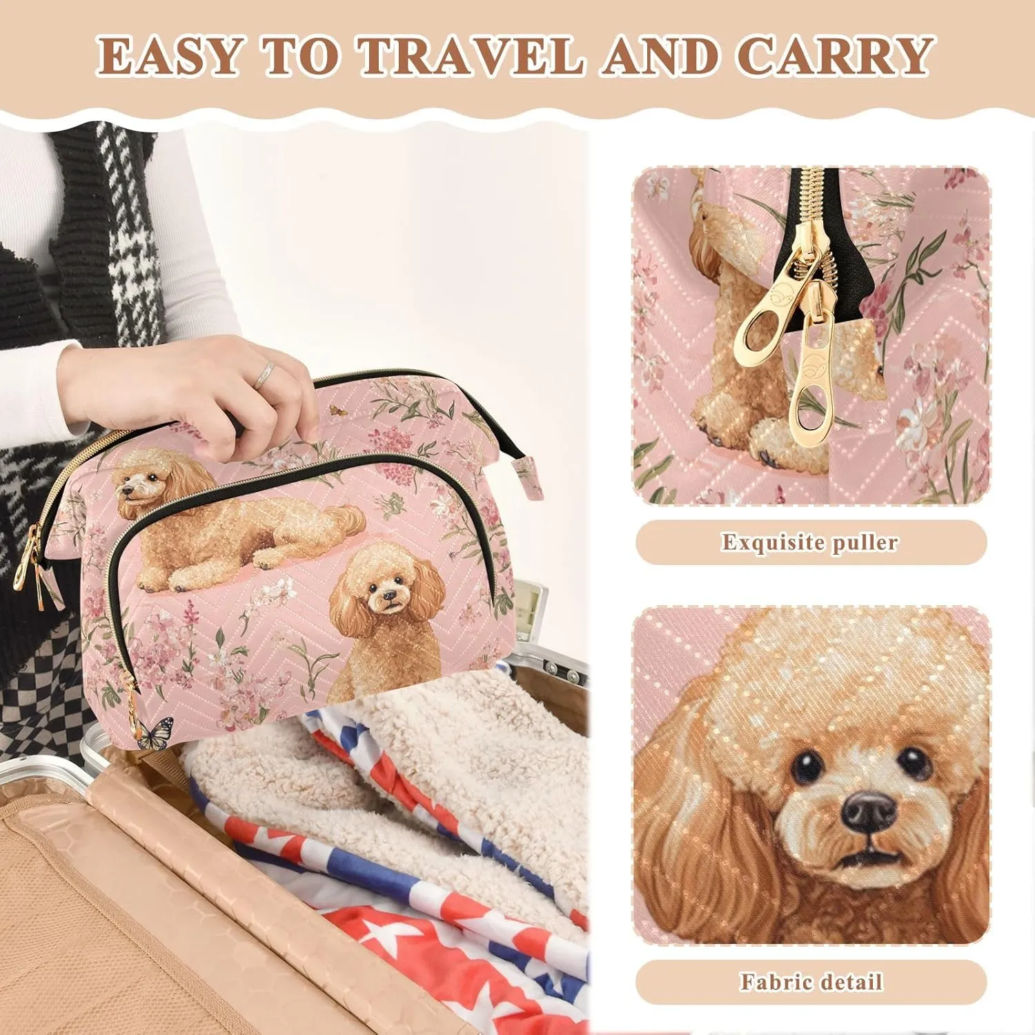 KLL Sweet Poodle Dogs Pink Travel Bag Lightweight Case Cosmetic Makeup Bag Cosmetic Bags For Purse for Makeup Cosmetic