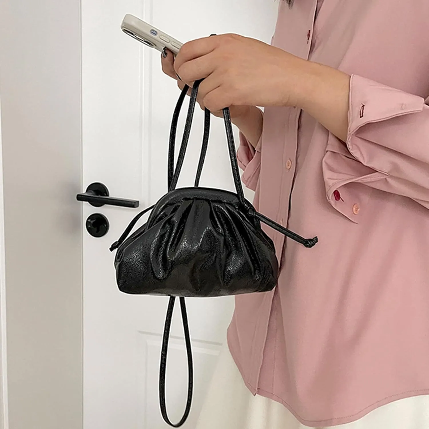 Ladies Crossbody Bag Clutch Clutch Clutch Clutches Large Capacity Pleated Bag Single Shoulder Metallic (Black, One Size)