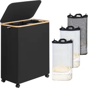 Lagre Laundry Basket with Wheels, Laundry Hamper with Lid, 160L Clothes Hamper for Laundry with 3 Liner Bags, for Laundry Room, Bedroom, Dormitory Storage.Black