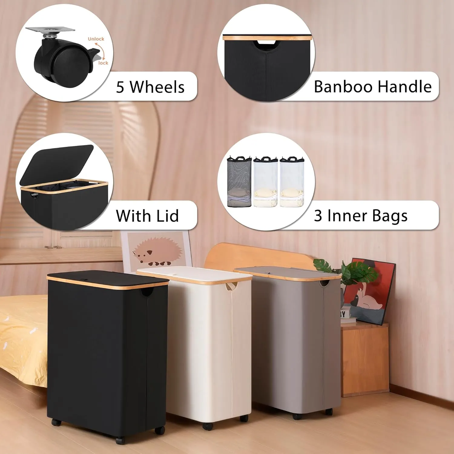 Lagre Laundry Basket with Wheels, Laundry Hamper with Lid, 160L Clothes Hamper for Laundry with 3 Liner Bags, for Laundry Room, Bedroom, Dormitory Storage.Black
