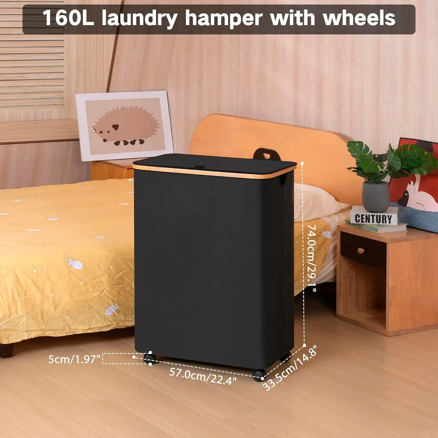 Lagre Laundry Basket with Wheels, Laundry Hamper with Lid, 160L Clothes Hamper for Laundry with 3 Liner Bags, for Laundry Room, Bedroom, Dormitory Storage.Black