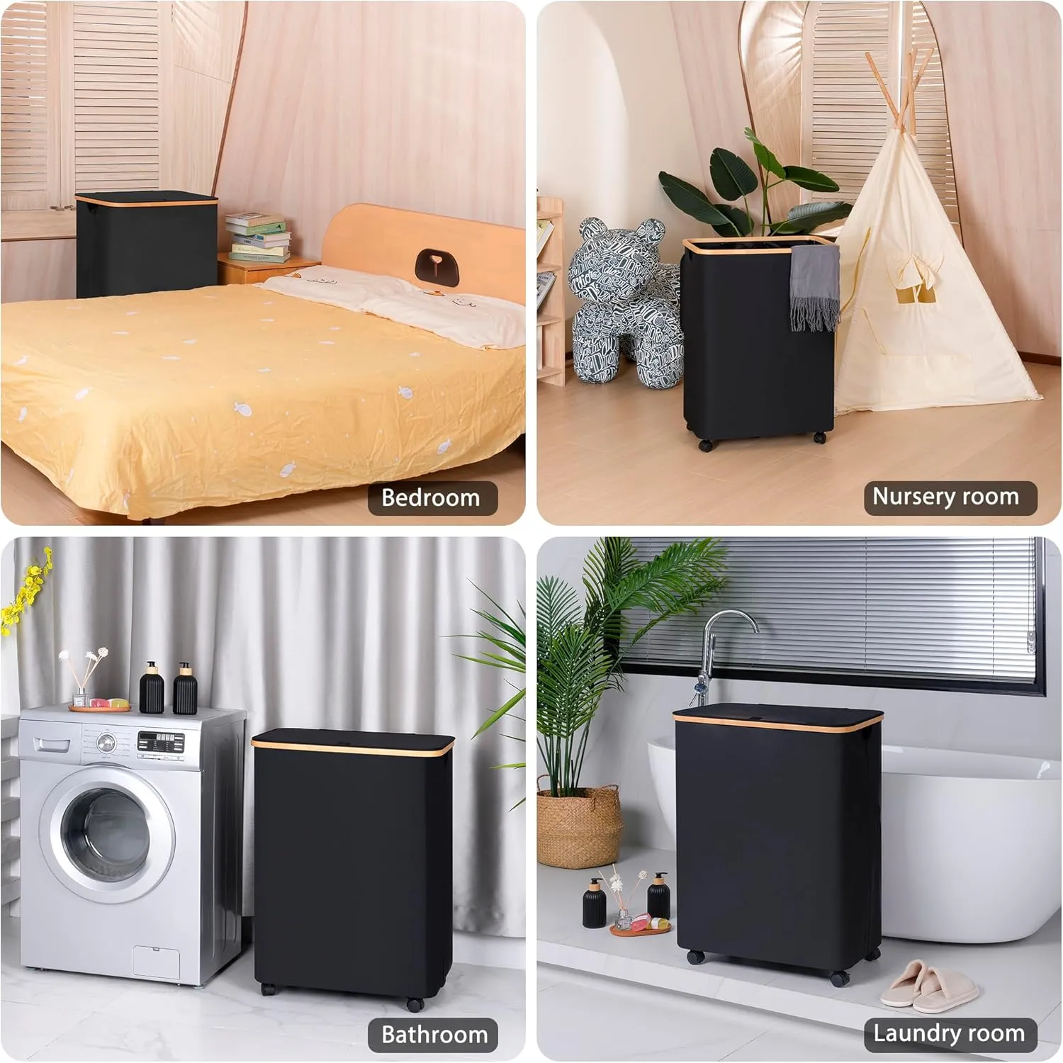Lagre Laundry Basket with Wheels, Laundry Hamper with Lid, 160L Clothes Hamper for Laundry with 3 Liner Bags, for Laundry Room, Bedroom, Dormitory Storage.Black