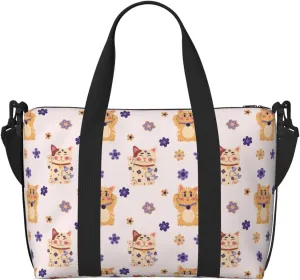 Laptop Tote Bag for Women Work - Cute Lucky Cat Flowers Gym Bag for Women Men, Crossbody Travel Bags for Women Men Carry On, Weekender Bags for Women Travel