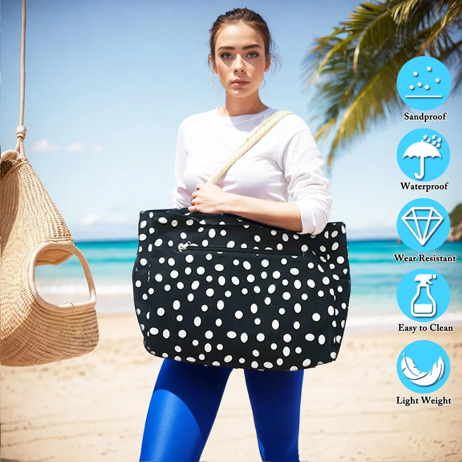 Large Beach Bag for Women, Waterproof Travel Tote Bag with Lunch/Wet Pocket for Weekender, Sandproof, Zipper Closure
