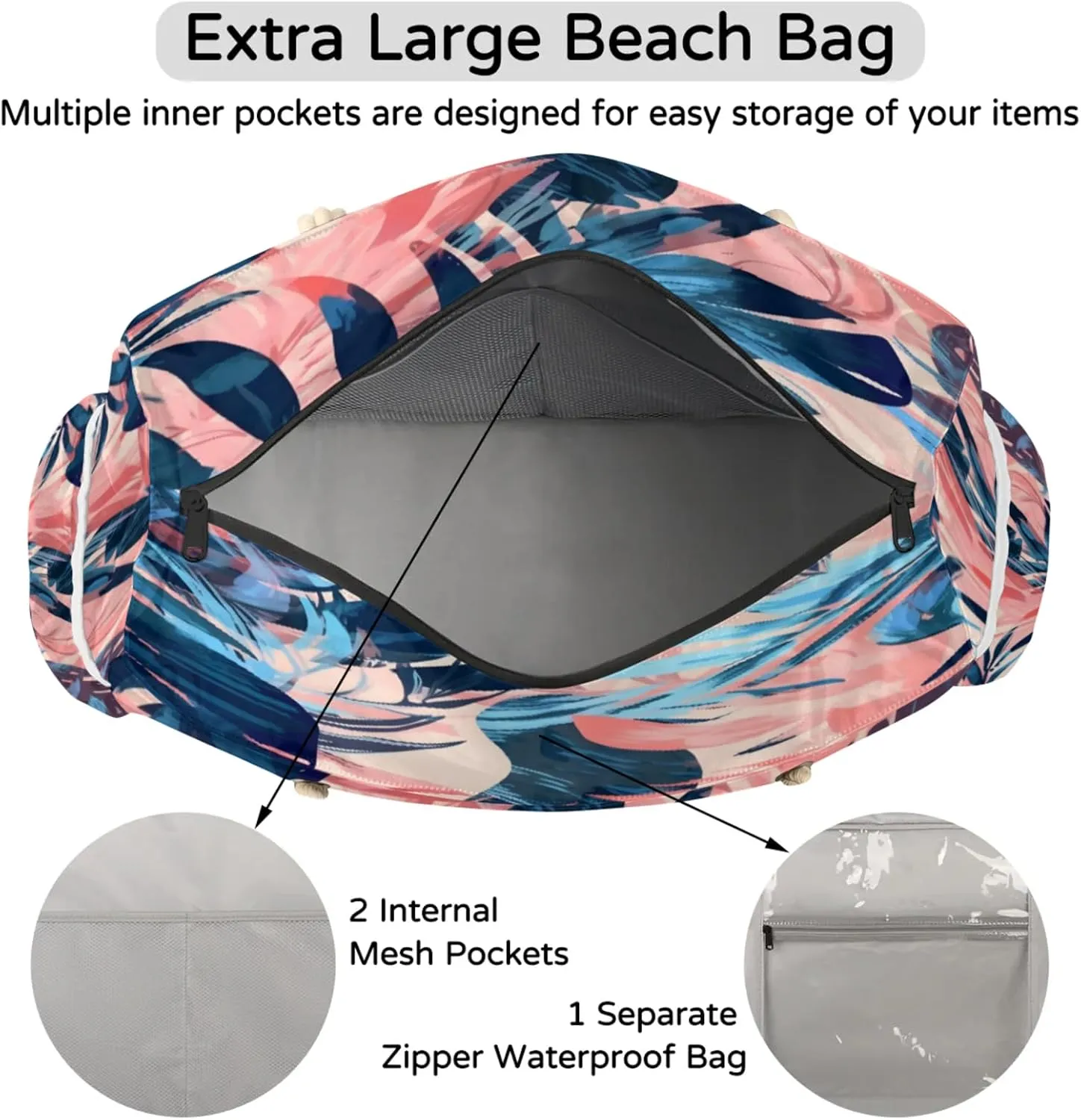 Large Beach Tote Bags with Zipper, Beach Bag for Women, Waterproof Sandproof Pool Swim Bags, Travel Tote Bag