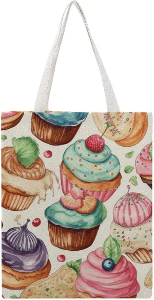Large Canvas Shopping Bag,Cupcakes Donuts Muffins Sugar Print Cotton Tote Bag,practical Large Capacity Tote Bag,ladies Tote Bag