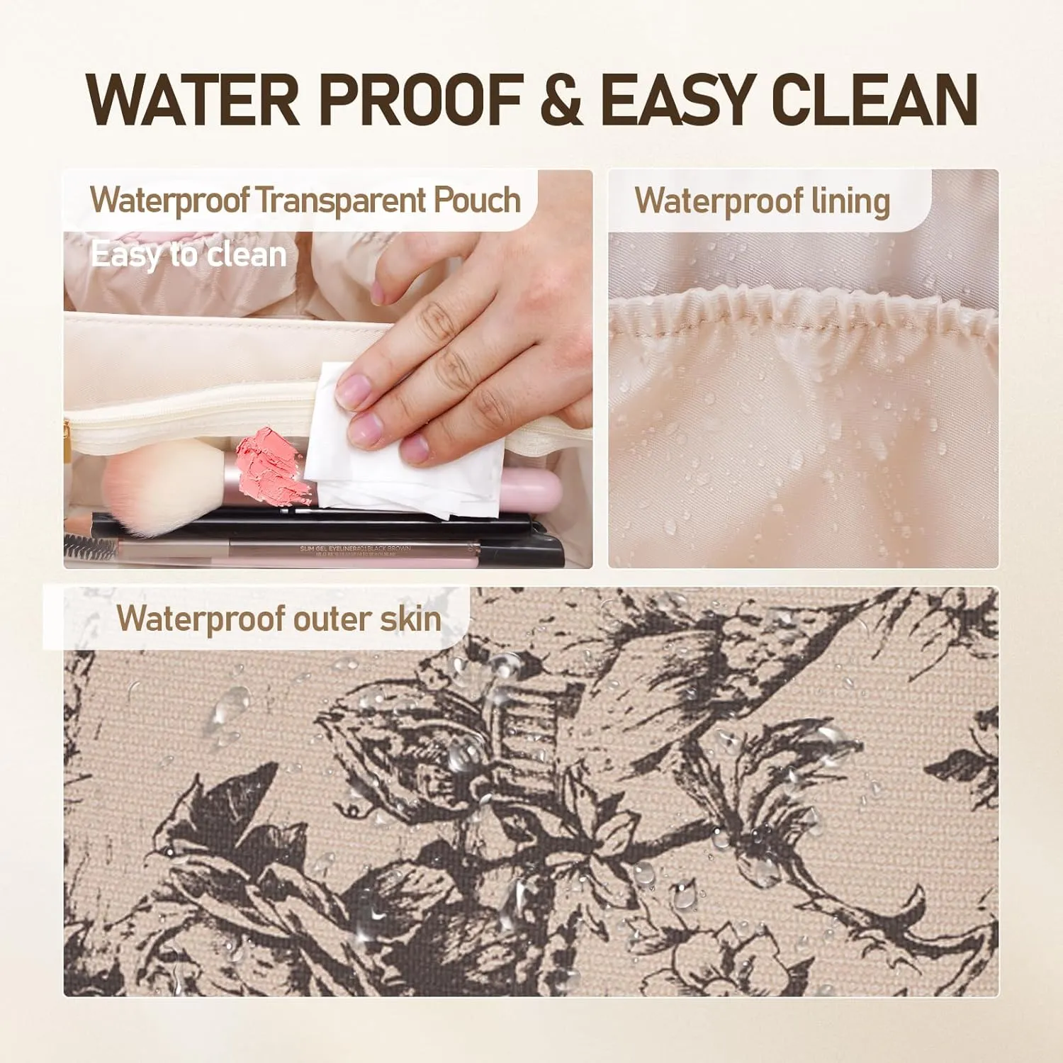Large Capacity Cosmetic Bag for Women, Waterproof PU Leather Makeup Bag for Travel,Toiletry Bag Make up Organizer with Divider and Handle (Lighting Coffee)