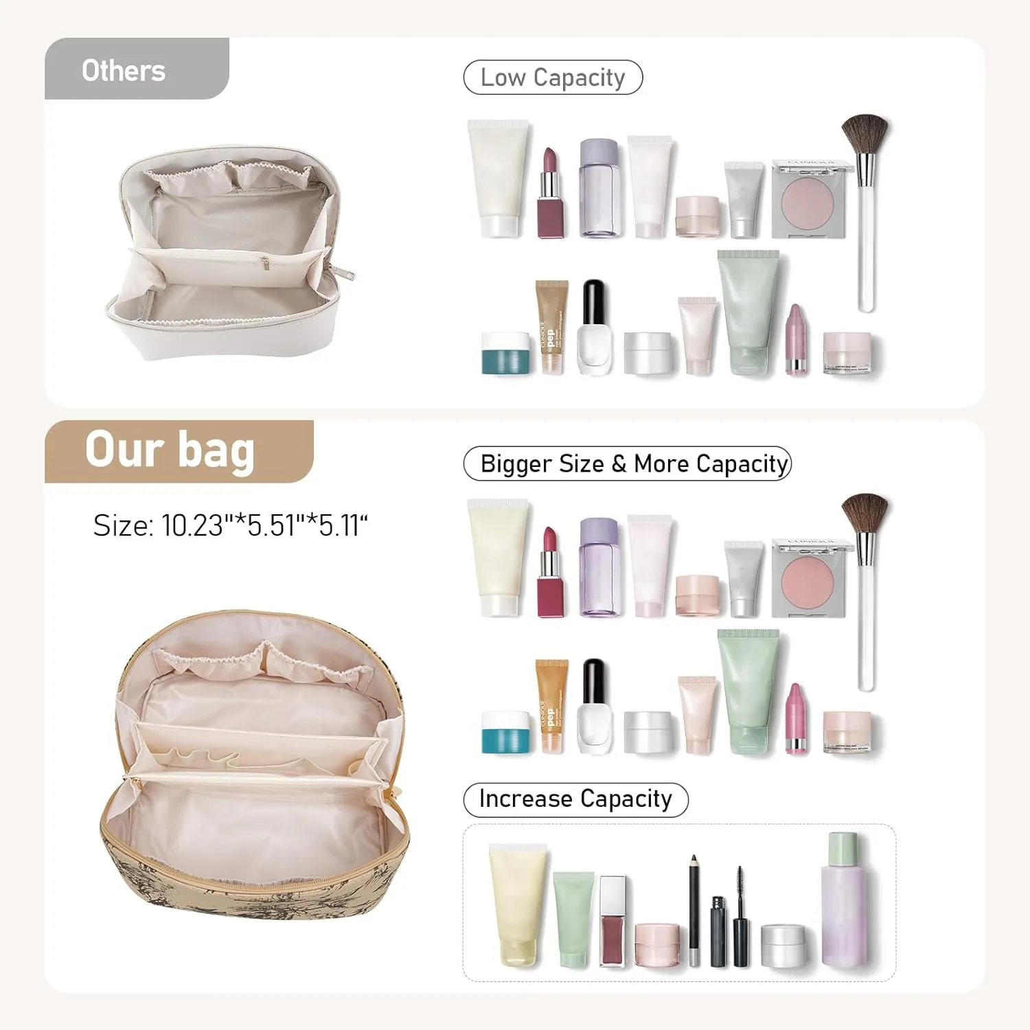 Large Capacity Cosmetic Bag for Women, Waterproof PU Leather Makeup Bag for Travel,Toiletry Bag Make up Organizer with Divider and Handle (Lighting Coffee)