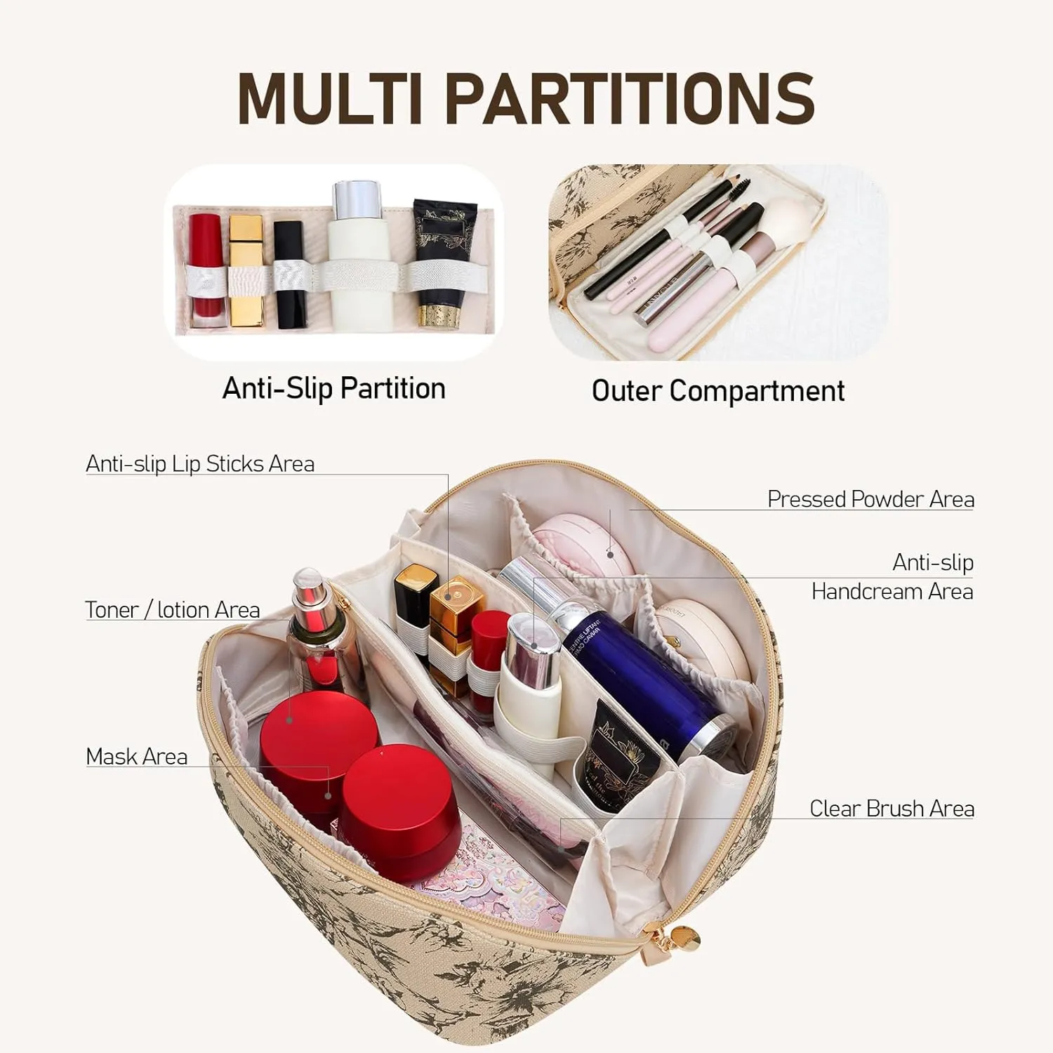 Large Capacity Cosmetic Bag for Women, Waterproof PU Leather Makeup Bag for Travel,Toiletry Bag Make up Organizer with Divider and Handle (Lighting Coffee)