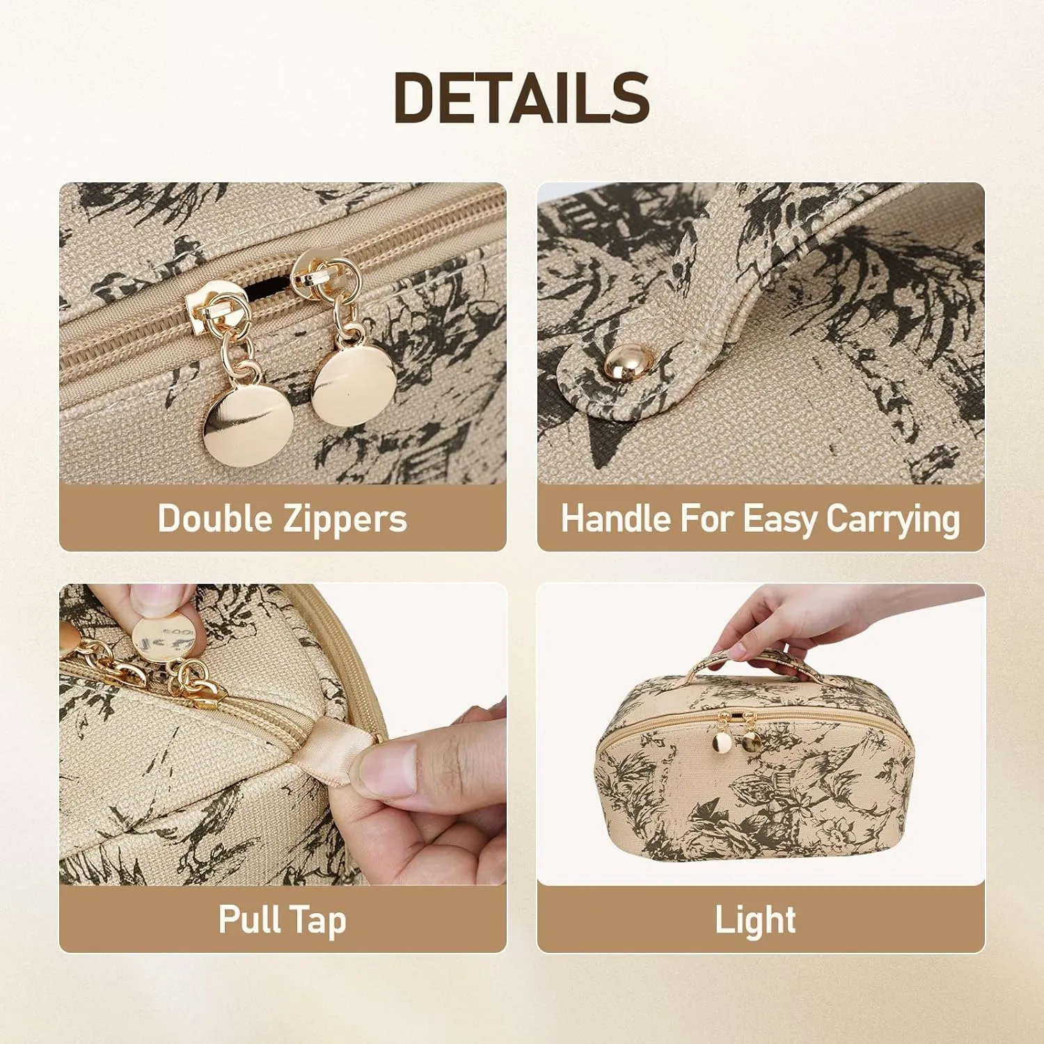Large Capacity Cosmetic Bag for Women, Waterproof PU Leather Makeup Bag for Travel,Toiletry Bag Make up Organizer with Divider and Handle (Lighting Coffee)