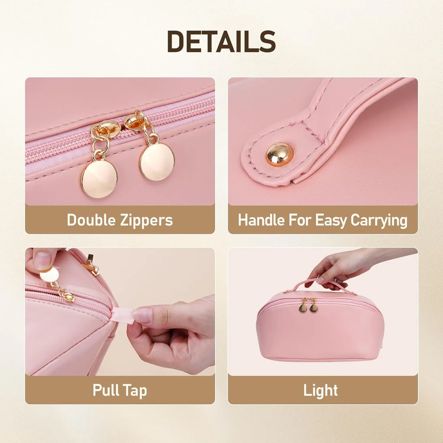 Large Capacity Cosmetic Bag for Women, Waterproof PU Leather Makeup Bag for Travel,Toiletry Bag Make up Organizer with Divider and Handle (Pink)