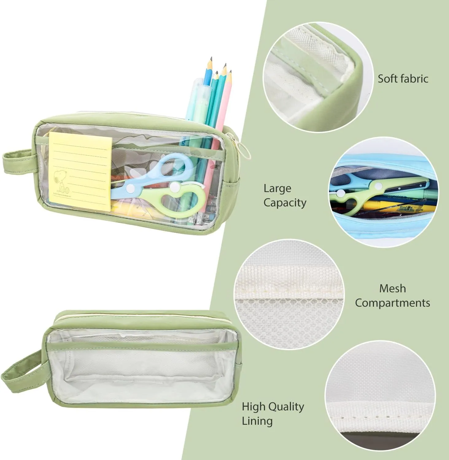 Large Capacity Pen Bag, Organizer, Multiple Compartments, Water Resistant, for Office, Travel, Arts and Crafts(GREEN)