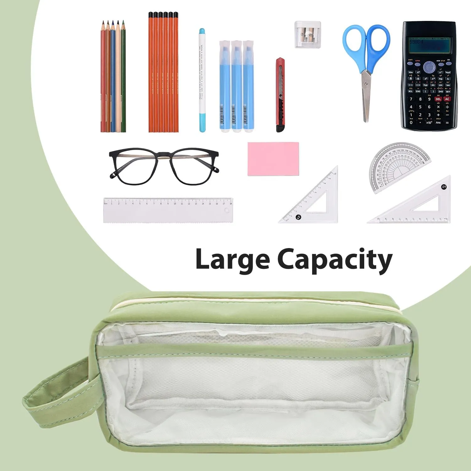 Large Capacity Pen Bag, Organizer, Multiple Compartments, Water Resistant, for Office, Travel, Arts and Crafts(GREEN)
