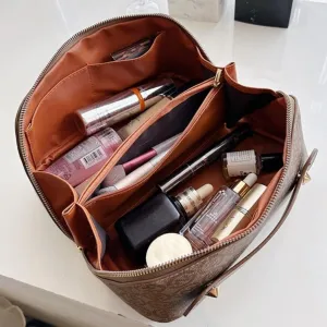 Large Capacity Travel Cosmetic Bag for Women PU Leather Makeup Waterproof Multifunctional Toiletry Bag (Black)