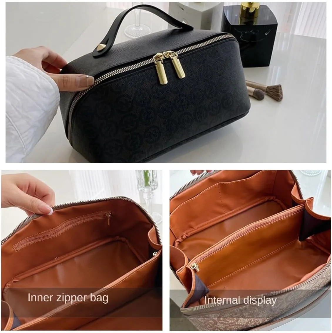 Large Capacity Travel Cosmetic Bag for Women PU Leather Makeup Waterproof Multifunctional Toiletry Bag (Black)