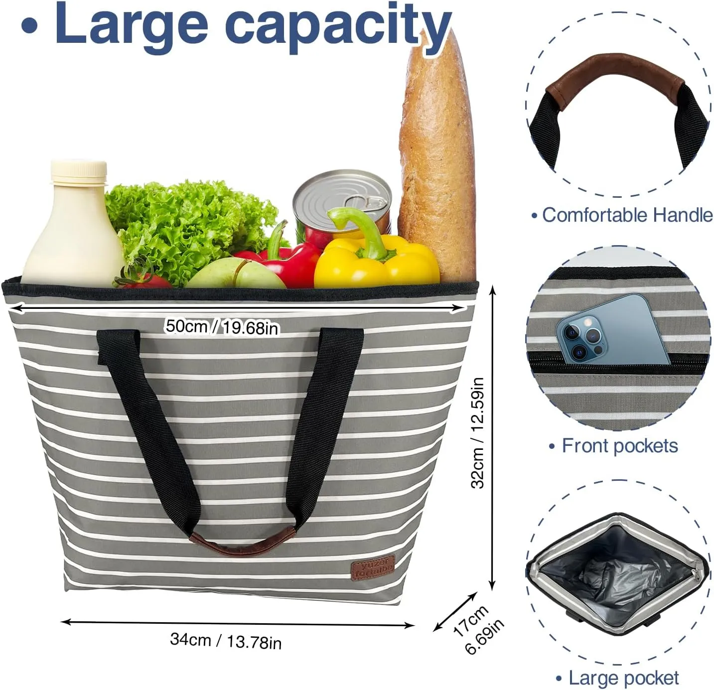 Large Cooler Bag Insulated Blue 30can 18L,Leakproof Soft Coolers Insulated Tote Bag, Reusable Grocery Bag ，Lunch Box Lunch Bag for Picnic Beach Camping.…