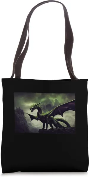 Large Dragon With Green Scales Perched Mountain Overlooking Tote Bag