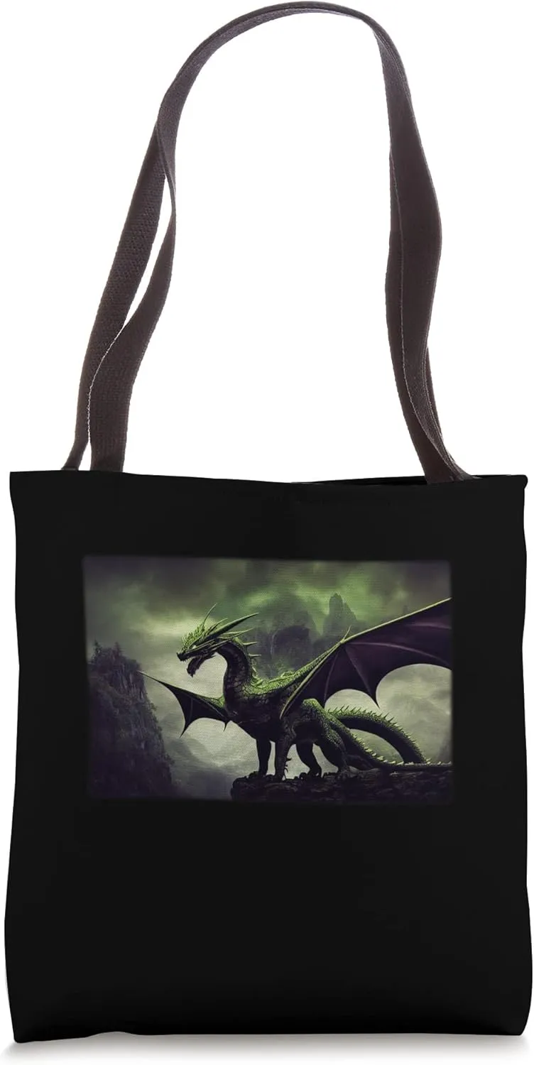 Large Dragon With Green Scales Perched Mountain Overlooking Tote Bag