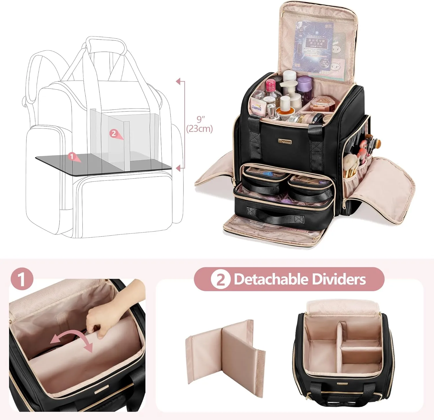 Large Makeup Backpack with 3 Clear Makeup Bags, Double Layers Professional Makeup Travel Case with Brushes Storage Section for Makeup Artists