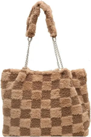 Large Plaid Fuzzy Tote Bag Women Winter Casual Shoulder Bag Cozy Fluffy Handbag Comfortable Crossbody Bag