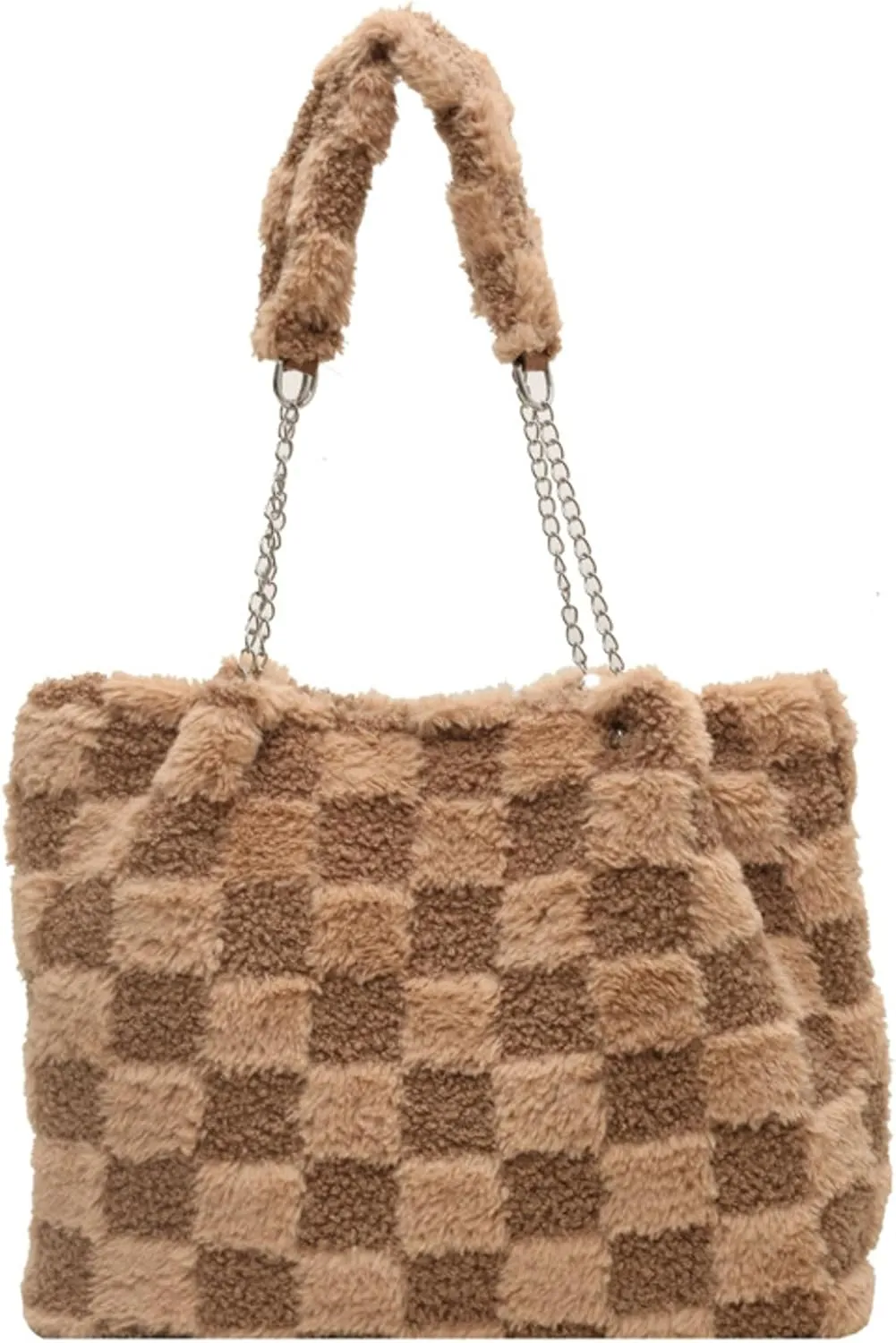 Large Plaid Fuzzy Tote Bag Women Winter Casual Shoulder Bag Cozy Fluffy Handbag Comfortable Crossbody Bag