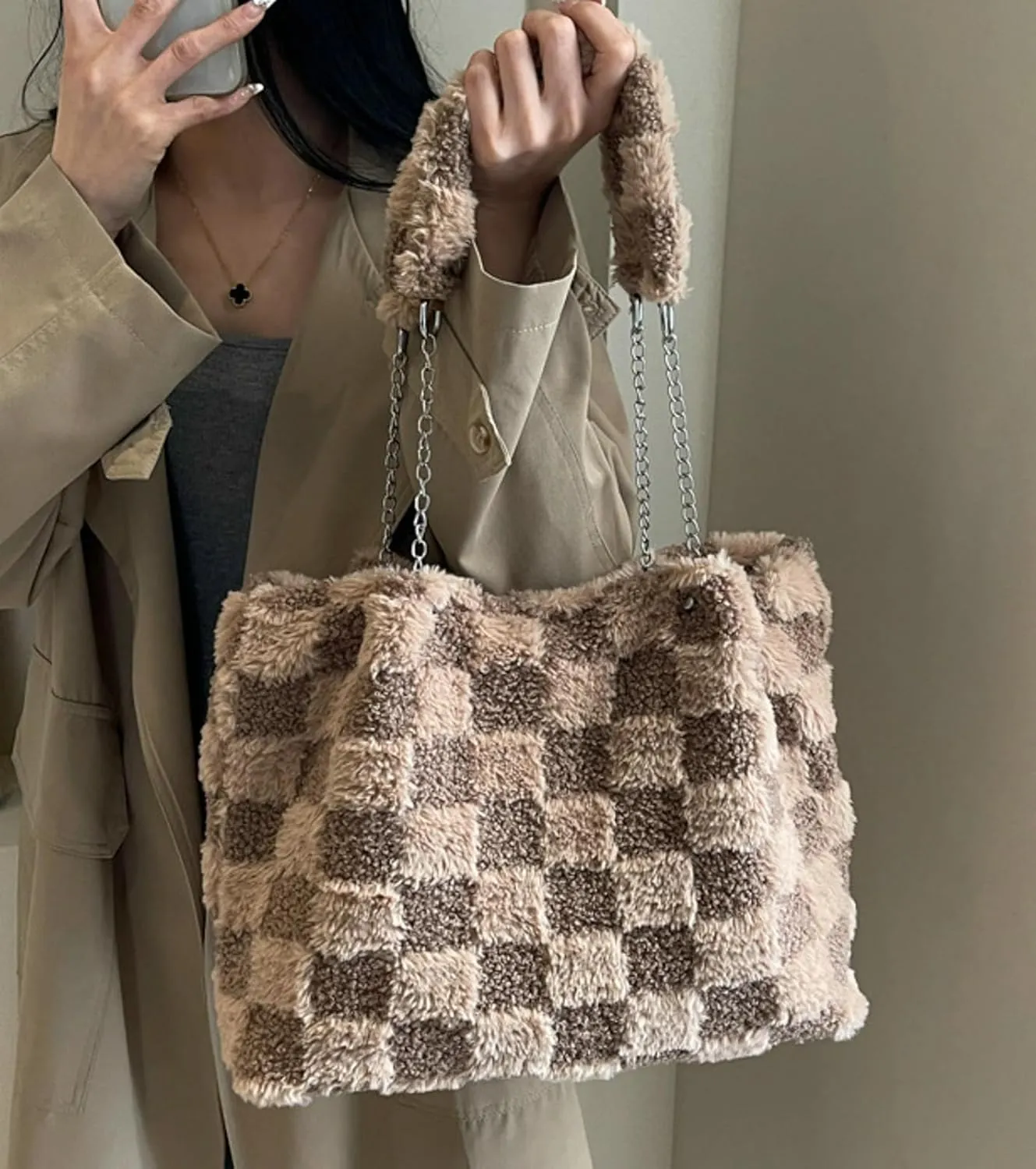 Large Plaid Fuzzy Tote Bag Women Winter Casual Shoulder Bag Cozy Fluffy Handbag Comfortable Crossbody Bag