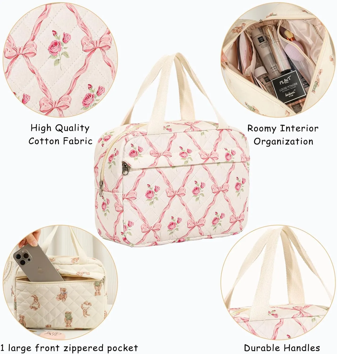 Large Size Quilted Coquette Makeup Bag, Cute Preppy Floral Cotton Travel Cosmetic Organizer Bag with Top Handle, Multi-Layer Travel Toiletry Pouch for Girls (03Pink Bow)