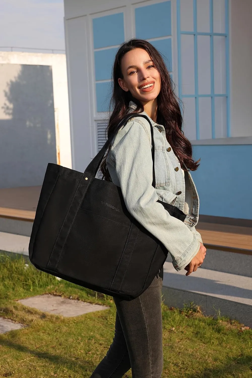 Large Tote Bag for Women with Zipper Closure and Laptop Compartment Canvas Shoulder Bag for Work Holiday and Travel