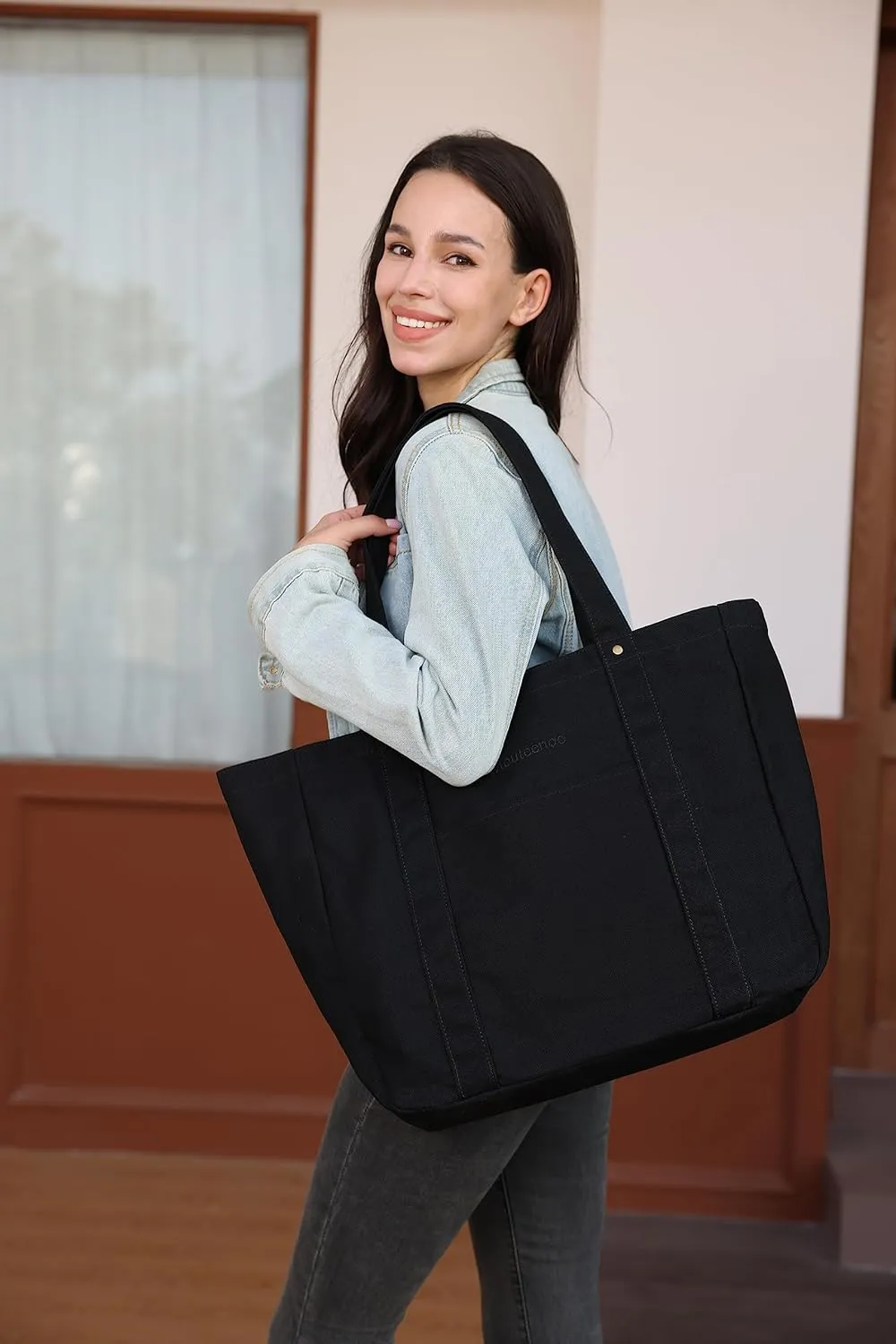Large Tote Bag for Women with Zipper Closure and Laptop Compartment Canvas Shoulder Bag for Work Holiday and Travel