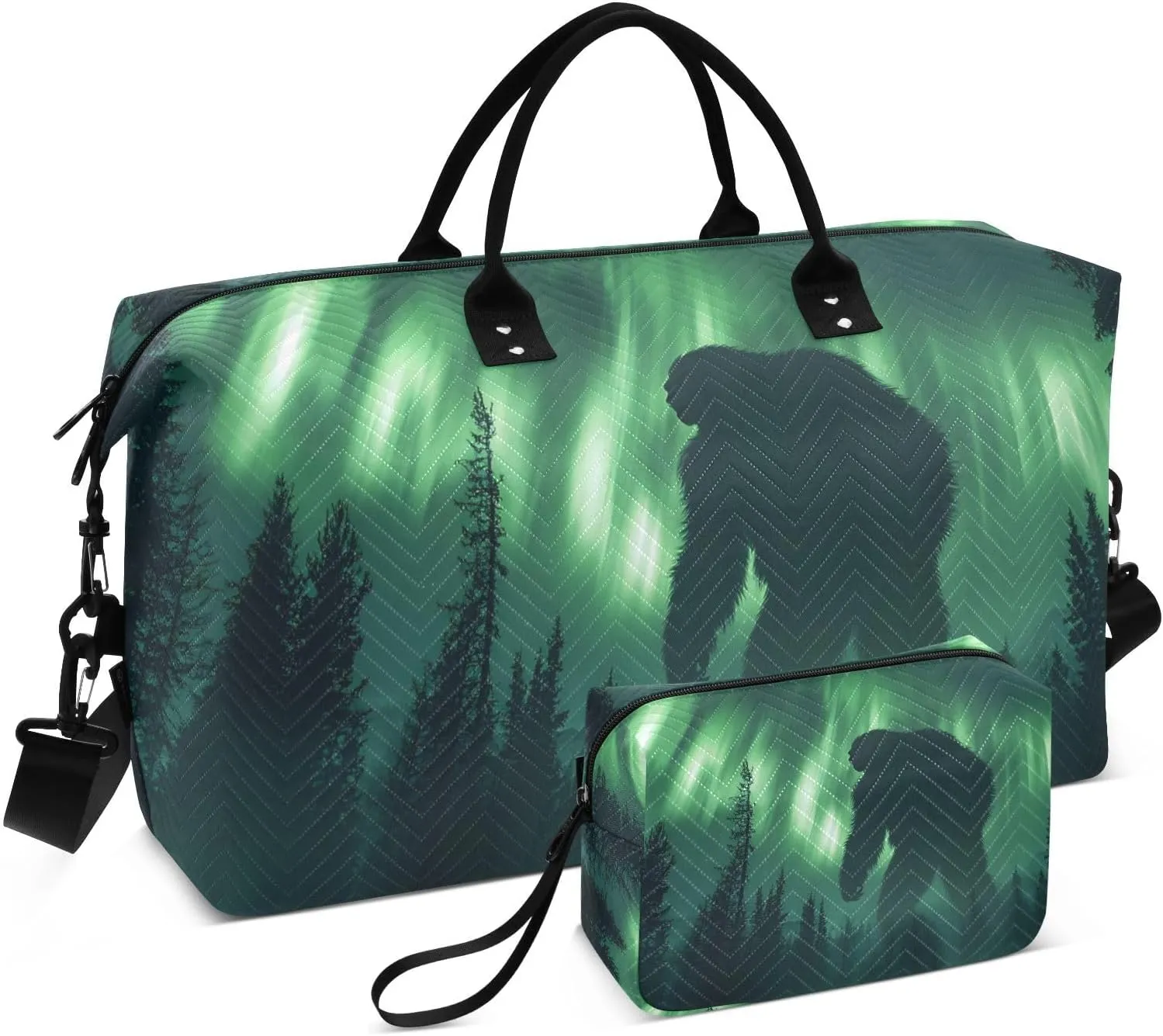 Large Travel Duffel Bag, Aurora Sasquatch Night Sport Tote Gym Bags, Shoulder Weekender Overnight Bags for Women Men, Carry On Luggage with Toiletry Bag