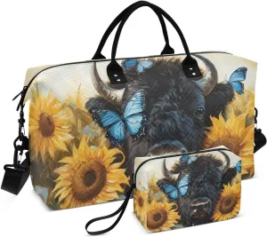 Large Travel Duffel Bag Bison Sunflower Butterfly Sports Tote Gym Bags, Shoulder Weekender Overnight Bags for Women Men, Carry On Luggage with Toiletry Bag