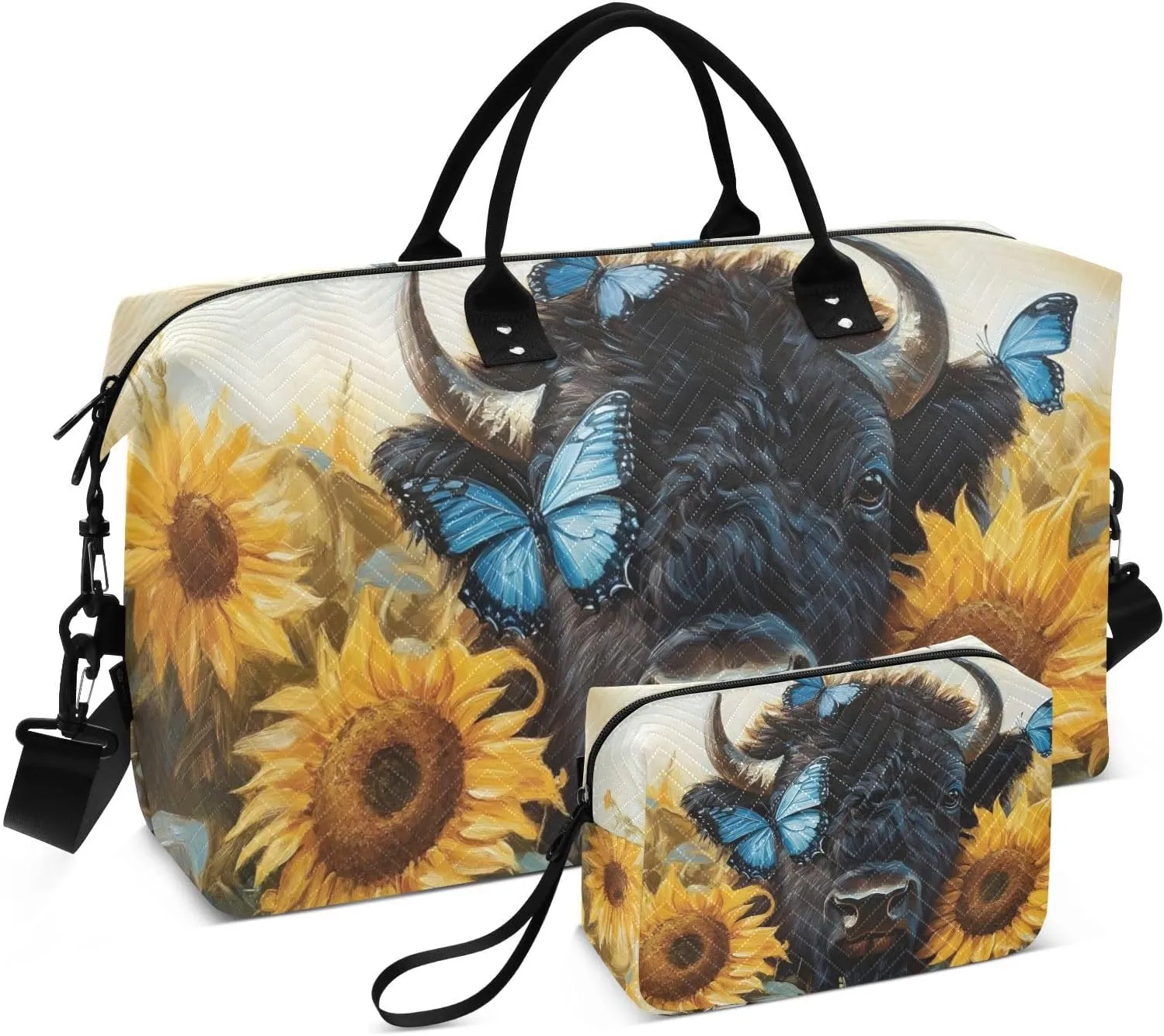 Large Travel Duffel Bag Bison Sunflower Butterfly Sports Tote Gym Bags, Shoulder Weekender Overnight Bags for Women Men, Carry On Luggage with Toiletry Bag