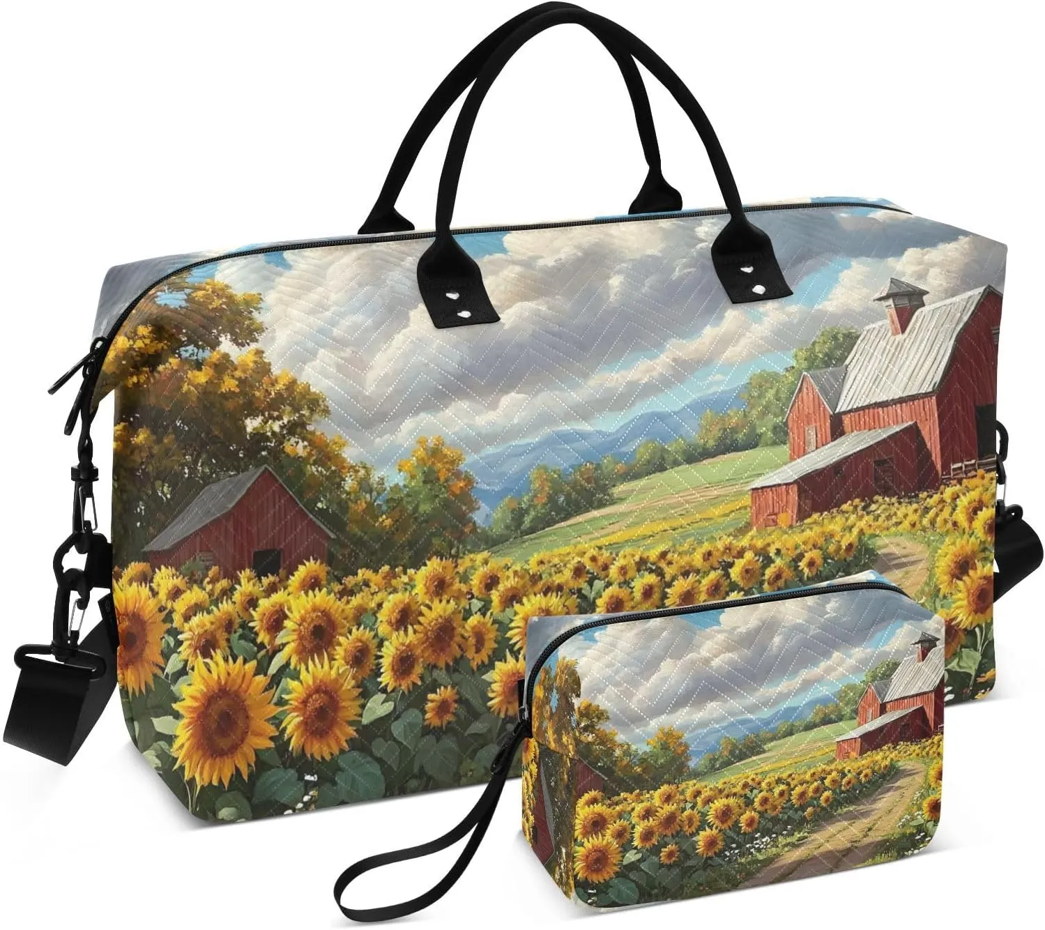Large Travel Duffel Bag, Farm Sunlower Barn Sport Tote Gym Bags, Shoulder Weekender Overnight Bags for Women Men, Carry On Luggage with Toiletry Bag