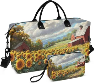 Large Travel Duffel Bag, Farm Sunlower Barn Sport Tote Gym Bags, Shoulder Weekender Overnight Bags for Women Men, Carry On Luggage with Toiletry Bag