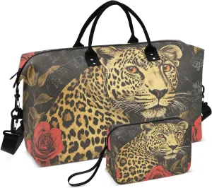 Large Travel Duffel Bag, Leopard Rose Red Sport Tote Gym Bags, Shoulder Weekender Overnight Bags for Women Men, Carry On Luggage with Toiletry Bag