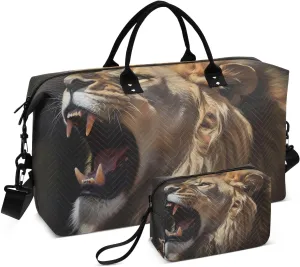 Large Travel Duffel Bag, Lion Head Roar Sports Tote Gym Bag, Shoulder Weekender Overnight Bag for Women Men, Carry On Luggage with Toiletry Bags