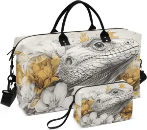 Large Travel Duffel Bag Lizard Flower Sports Tote Gym Bags, Shoulder Weekender Overnight Bags for Women Men, Carry On Luggage with Toiletry Bag