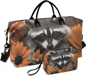 Large Travel Duffel Bag Raccoon Flower Butterfly Sports Tote Gym Bags, Shoulder Weekender Overnight Bags for Women Men, Carry On Luggage with Toiletry Bag