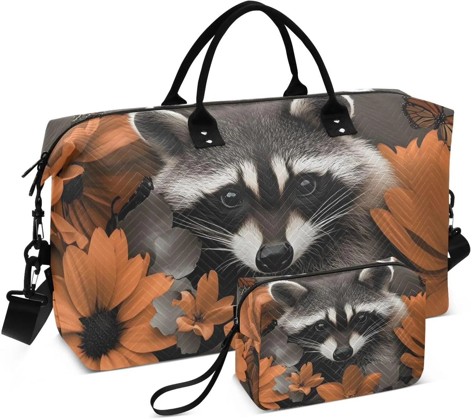 Large Travel Duffel Bag Raccoon Flower Butterfly Sports Tote Gym Bags, Shoulder Weekender Overnight Bags for Women Men, Carry On Luggage with Toiletry Bag