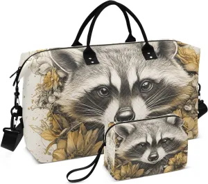 Large Travel Duffel Bag Raccoon Flower Cute Sports Tote Gym Bags, Shoulder Weekender Overnight Bags for Women Men, Carry On Luggage with Toiletry Bag