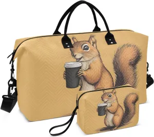 Large Travel Duffel Bag, Squirrel Coffee Orange Sport Tote Gym Bags, Shoulder Weekender Overnight Bags for Women Men, Carry On Luggage with Toiletry Bag