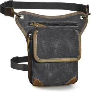 Le'aokuu Mens Canvas And Genuine Leather Waterproof Motorcycle Waist Pack Messenger Shoulder Drop Leg Bag 211-1 (Black)