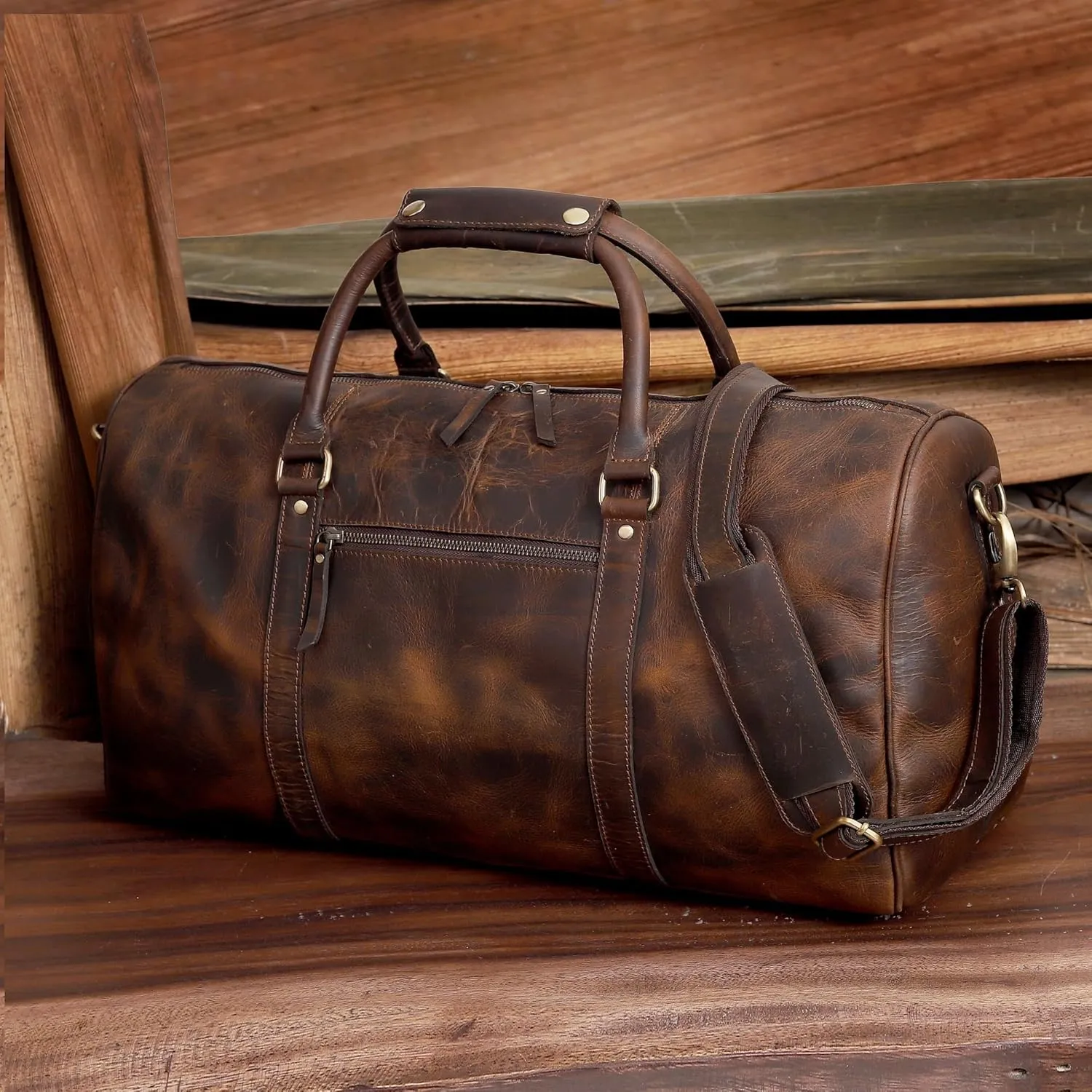 Leather Duffel Bags for Men, Carry On Garment Bag, Travel Leather Duffel Bag Weekender Brown (20" Large)
