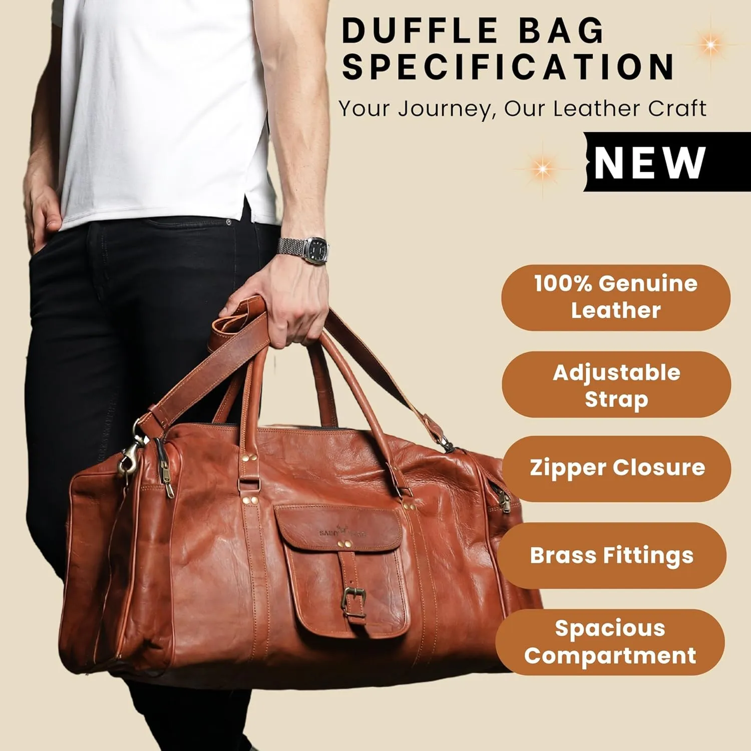 Leather Duffle Bag for Men Multi Pockets, Brown (20 inch)