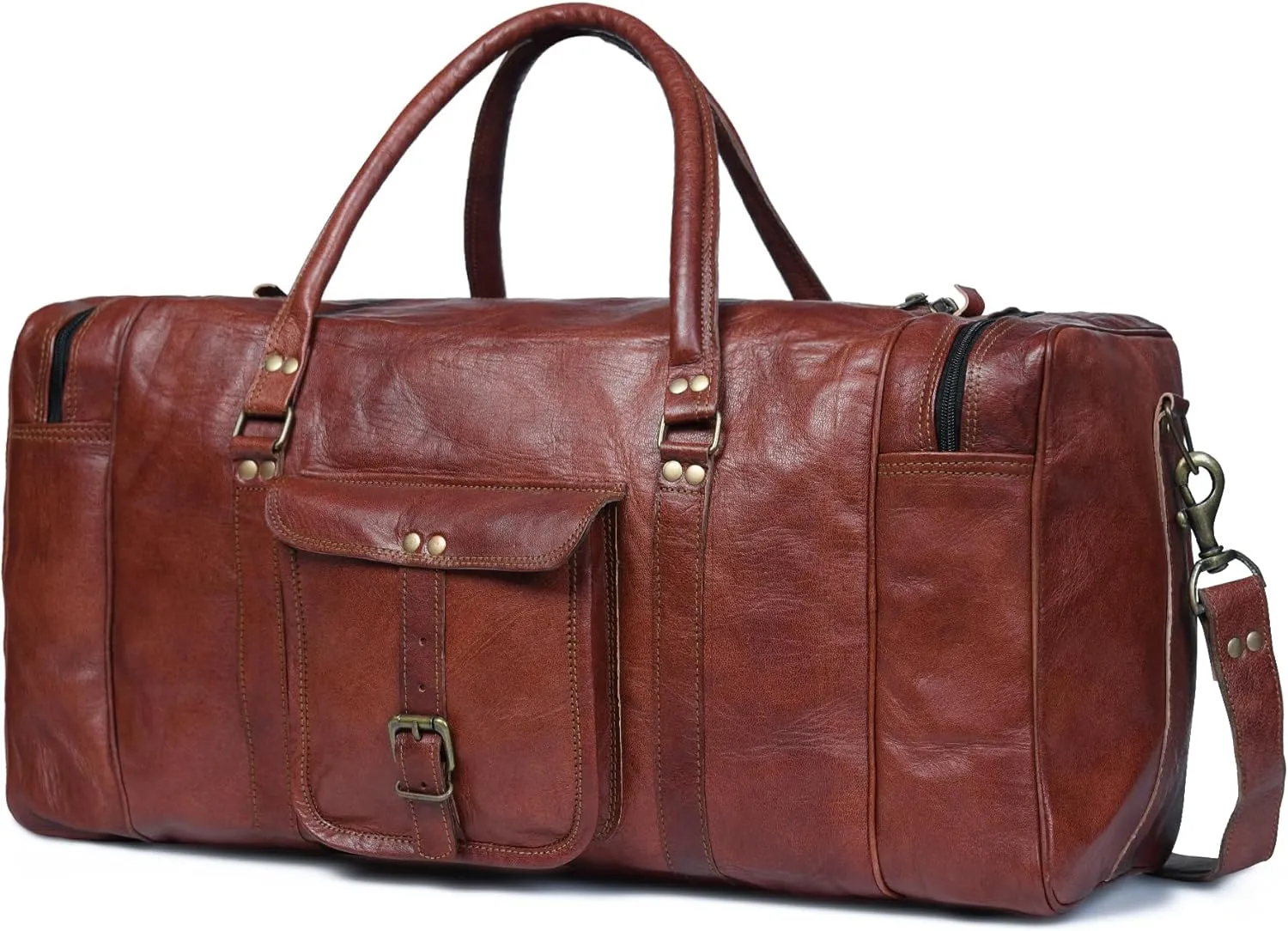 Leather Duffle Bag for Men Multi Pockets, Brown (20 inch)