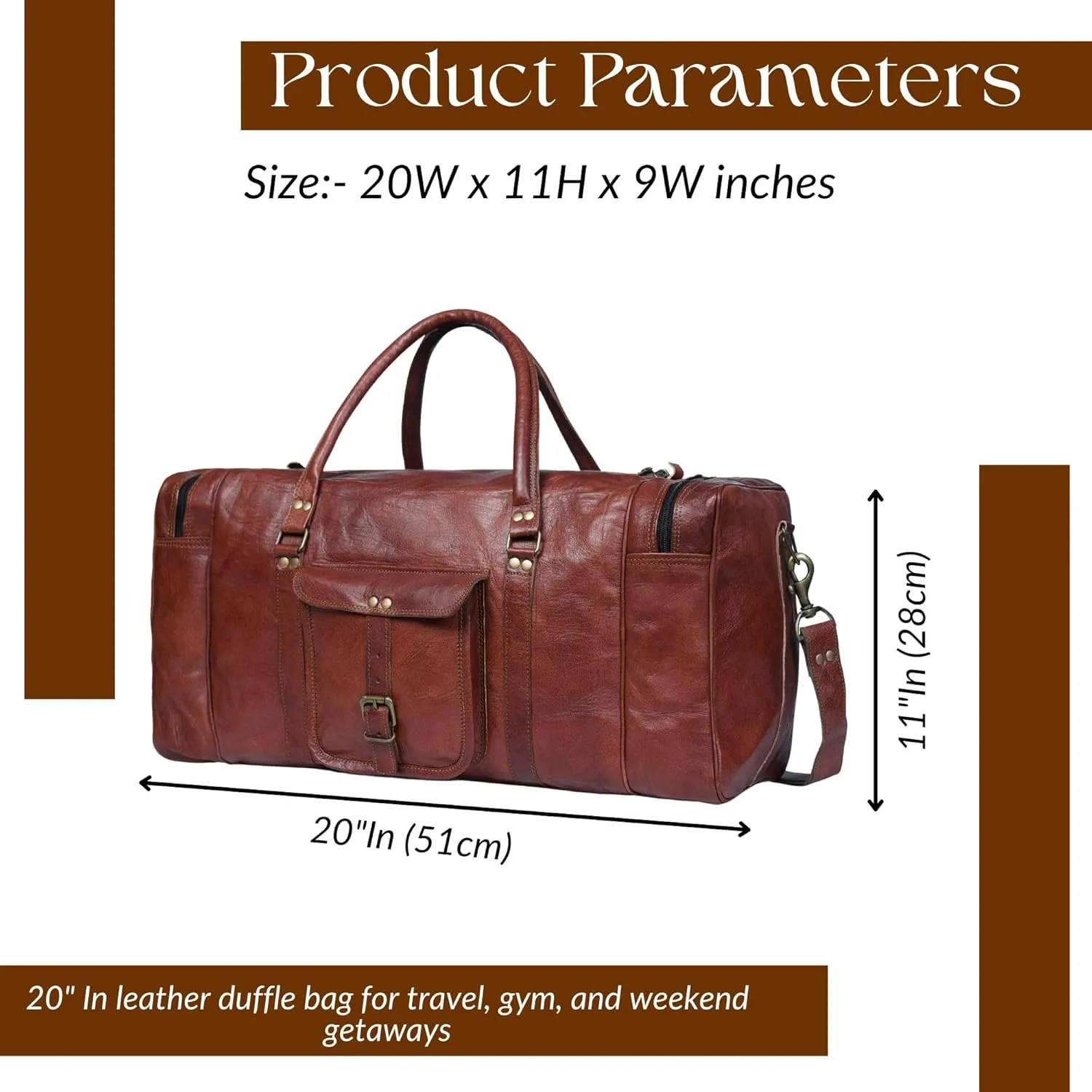 Leather Duffle Bag for Men Multi Pockets, Brown (20 inch)