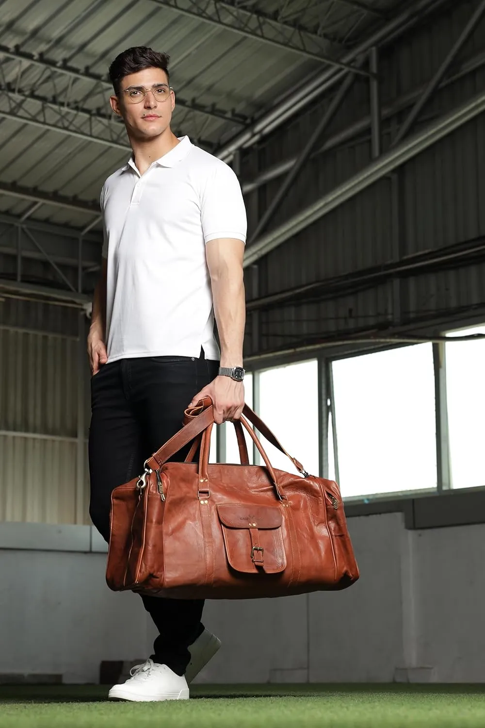 Leather Duffle Bag for Men Multi Pockets, Brown (20 inch)
